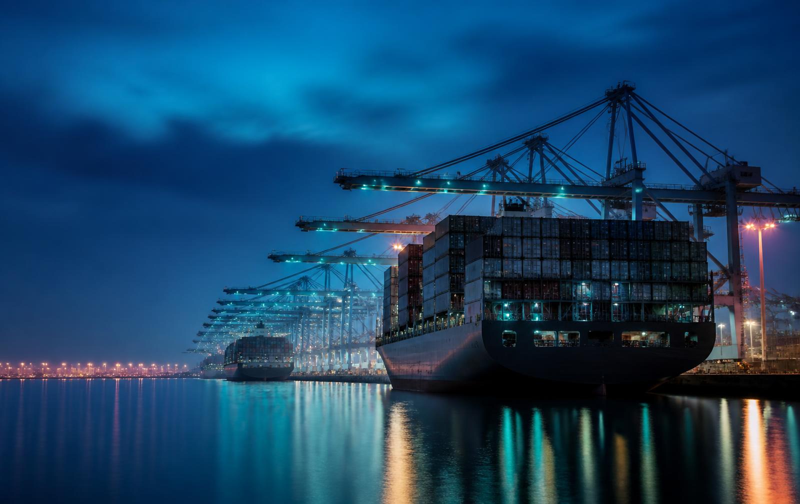 Hamad Port container terminal in Qatar at blue hour